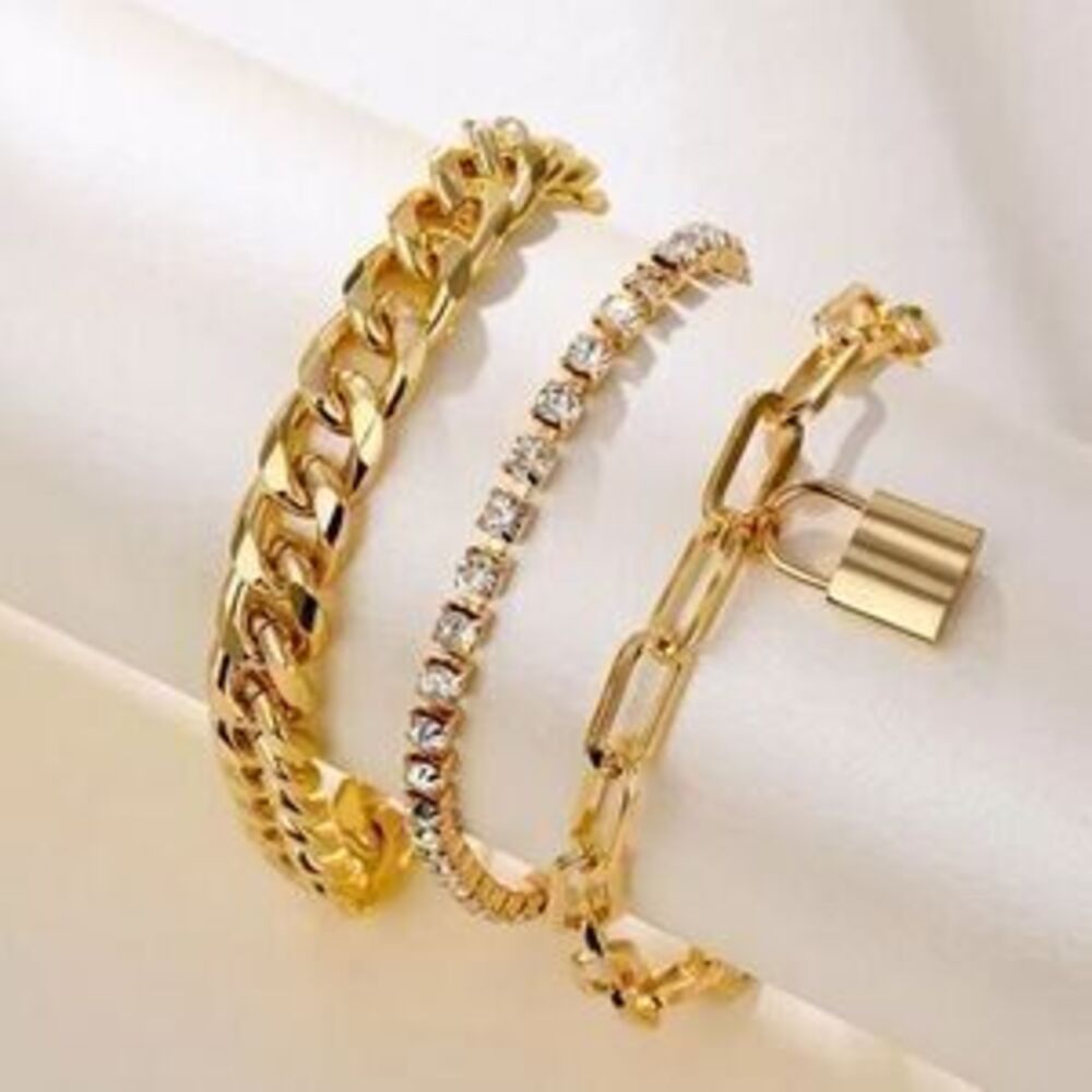 Gold 3pc Crystal Lock Bracelet Set